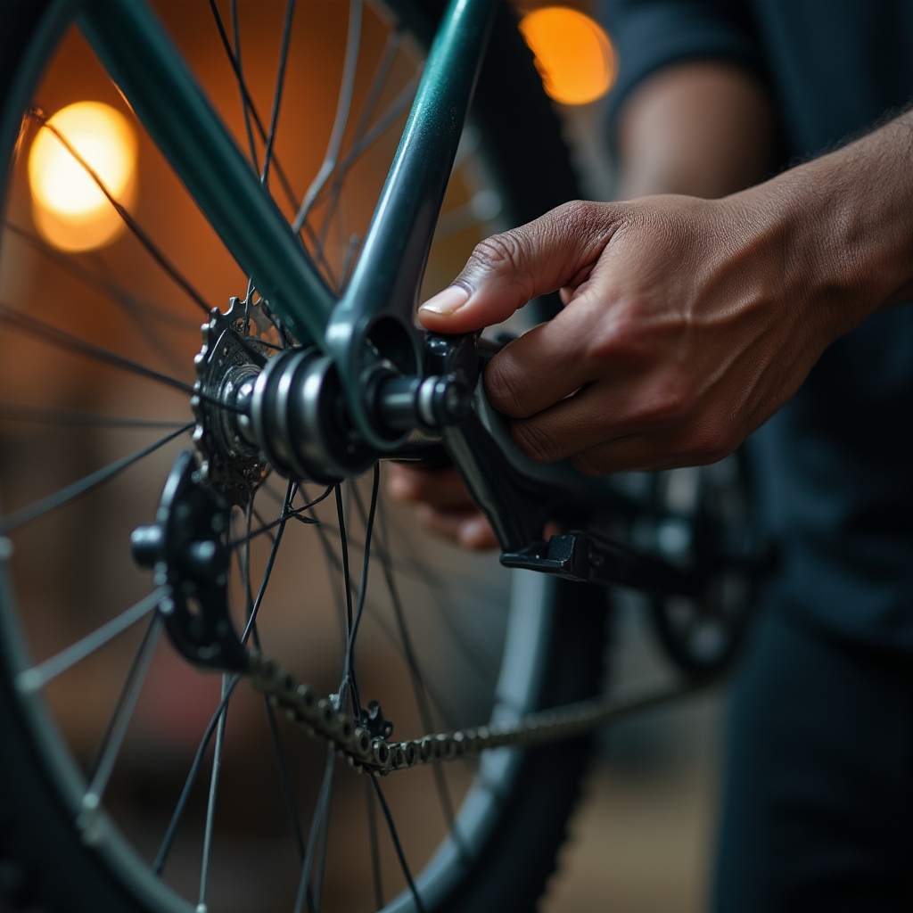 Primer plano de una revisión de temporada en la transmisión de una bicicleta
