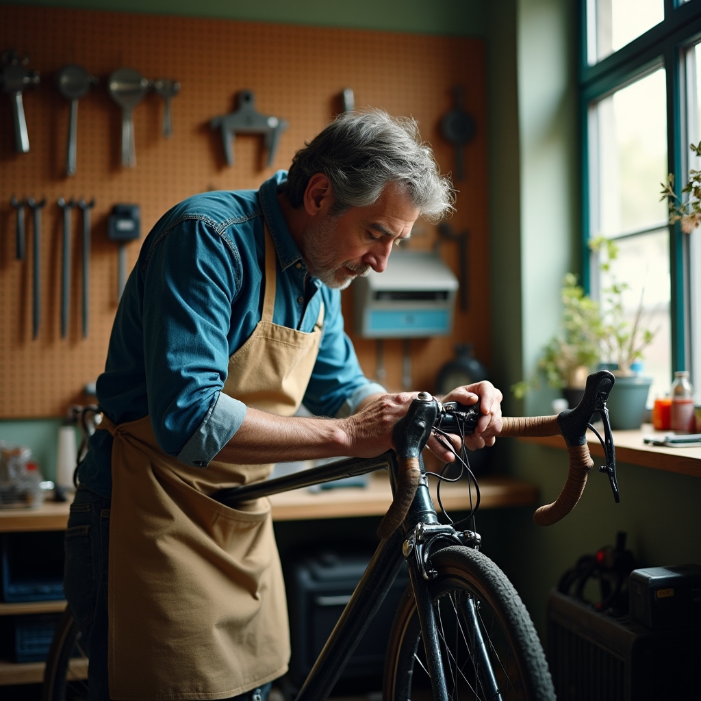Taller de bicicletas ordenado con herramientas colgadas y una bicicleta en reparación