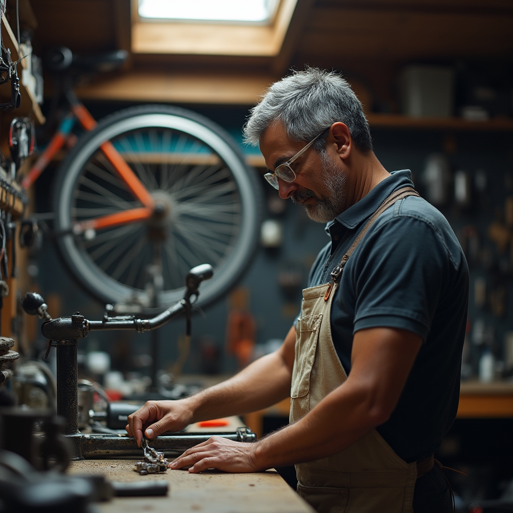 Banco de trabajo de un taller de bicicletas con herramientas organizadas por zonas